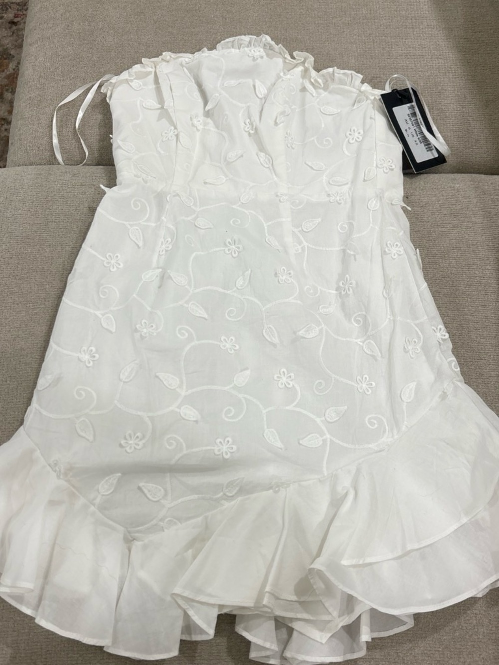 White Embroidered Ruffle Mini Dress